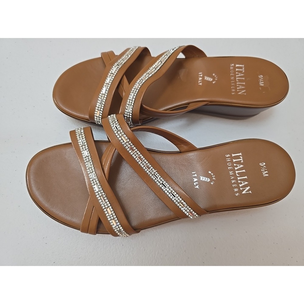 Women's Size 9 1/2 M Italian Shoemakers Slide Sandles Brown W/‎ Rhinestones